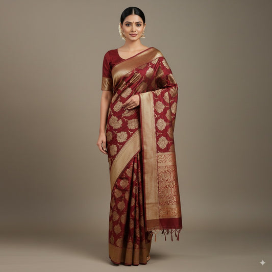 Gadwal Silk – Antique Zari – Crimson Red | BSH-GD-0362
