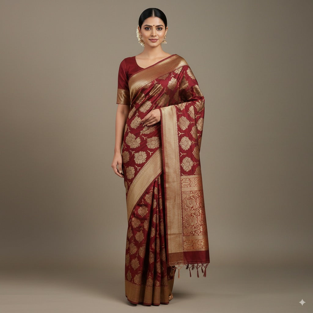 Gadwal Silk – Antique Zari – Crimson Red | BSH-GD-0362