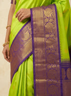 Vasantha Gadwal Pure Heavy Pattu in Parrot Green & Royal Purple with Antique Gold Zari