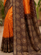 Rajwadi Bandhani Silk Saree in Saffron & Chocolate Brown