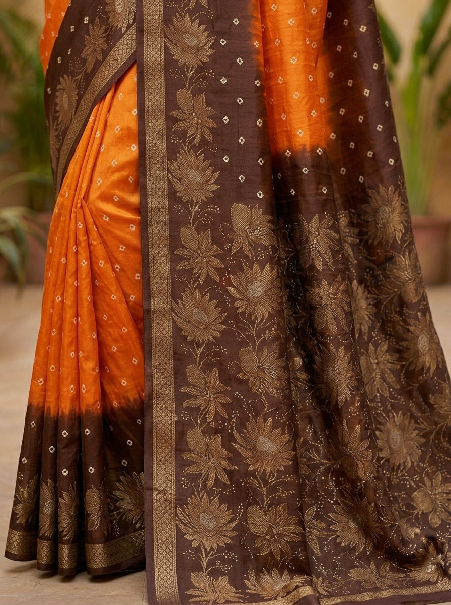 Rajwadi Bandhani Silk Saree in Saffron & Chocolate Brown