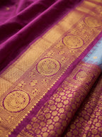 Akasha Gadwal Pure Heavy Pattu in Sky Blue Checks & Magenta Purple with Antique Gold Zari