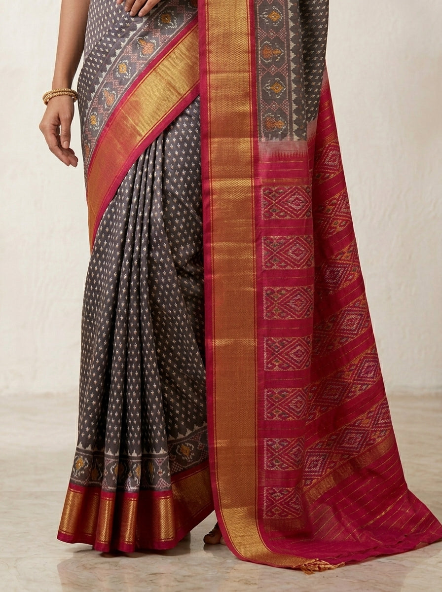 Charcoal Grey Ikkath Pattu Silk Saree with Rani Pink Zari Border