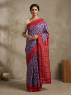 Nakshatram Ikat Patola Silk Saree in Royal Violet Star Jaal & Crimson Red with Multicolour Floral Pallu