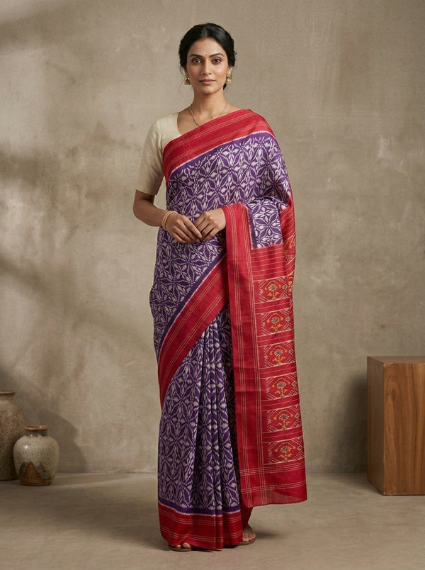 Nakshatram Ikat Patola Silk Saree in Royal Violet Star Jaal & Crimson Red with Multicolour Floral Pallu