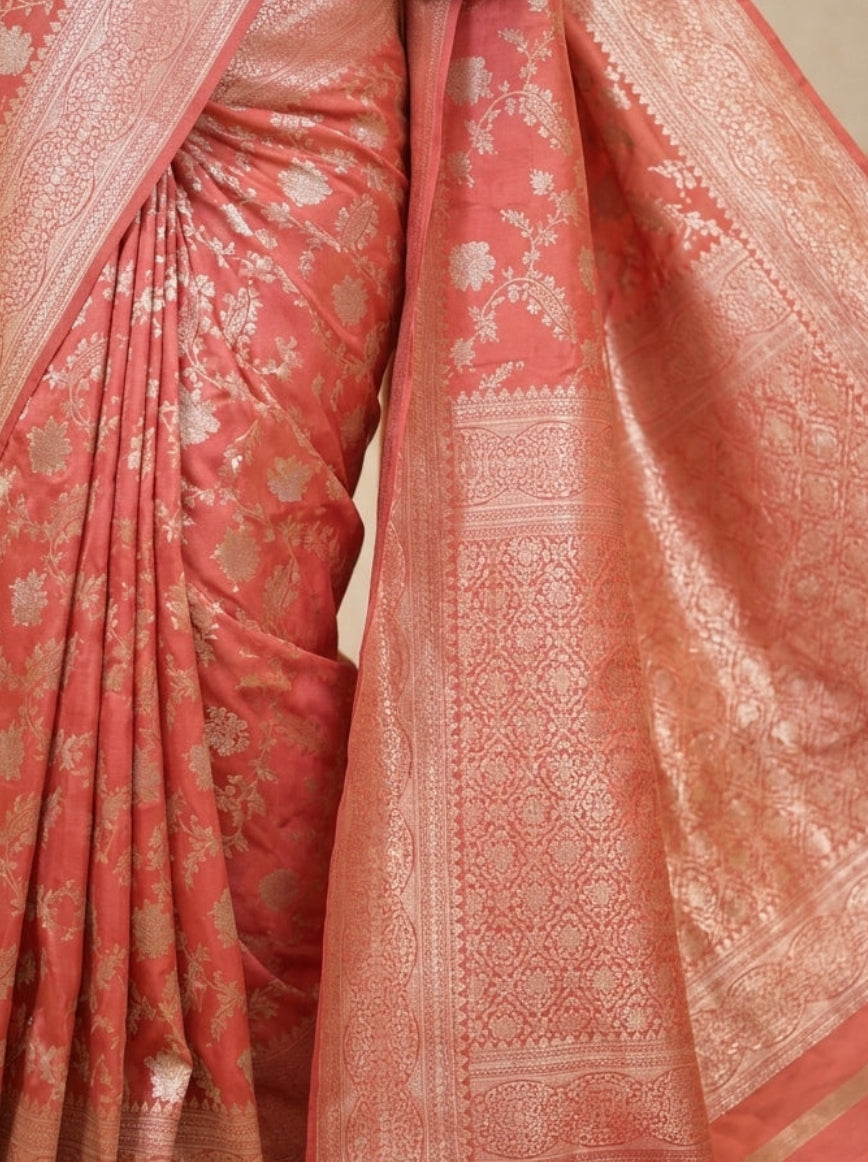 Blooming Banarasi Pattu Silk Saree in Blush Coral & Silver Zari