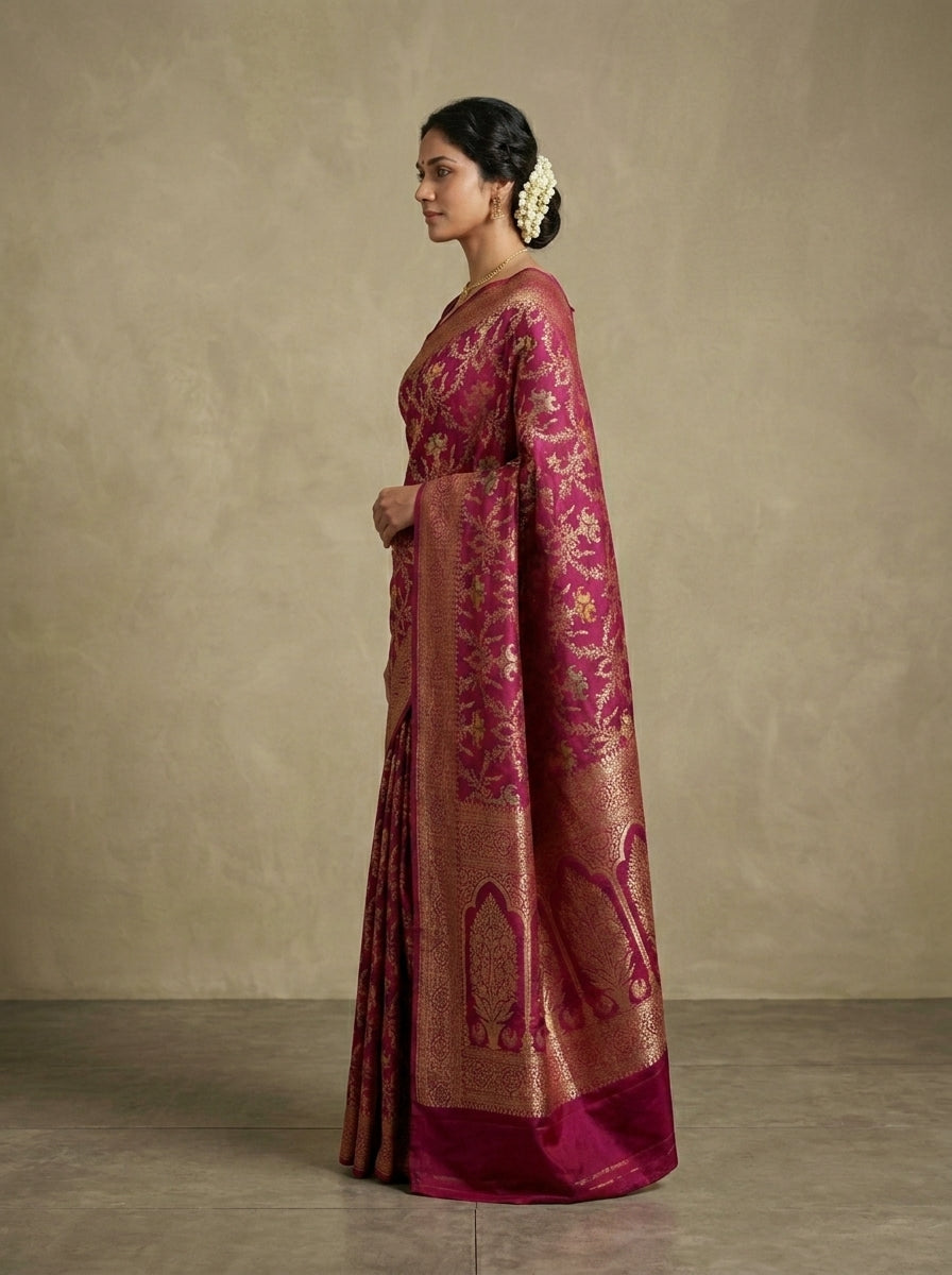 Maharani Banarasi Pattu Silk Saree in Magenta & Antique Gold with Meenakari Weave