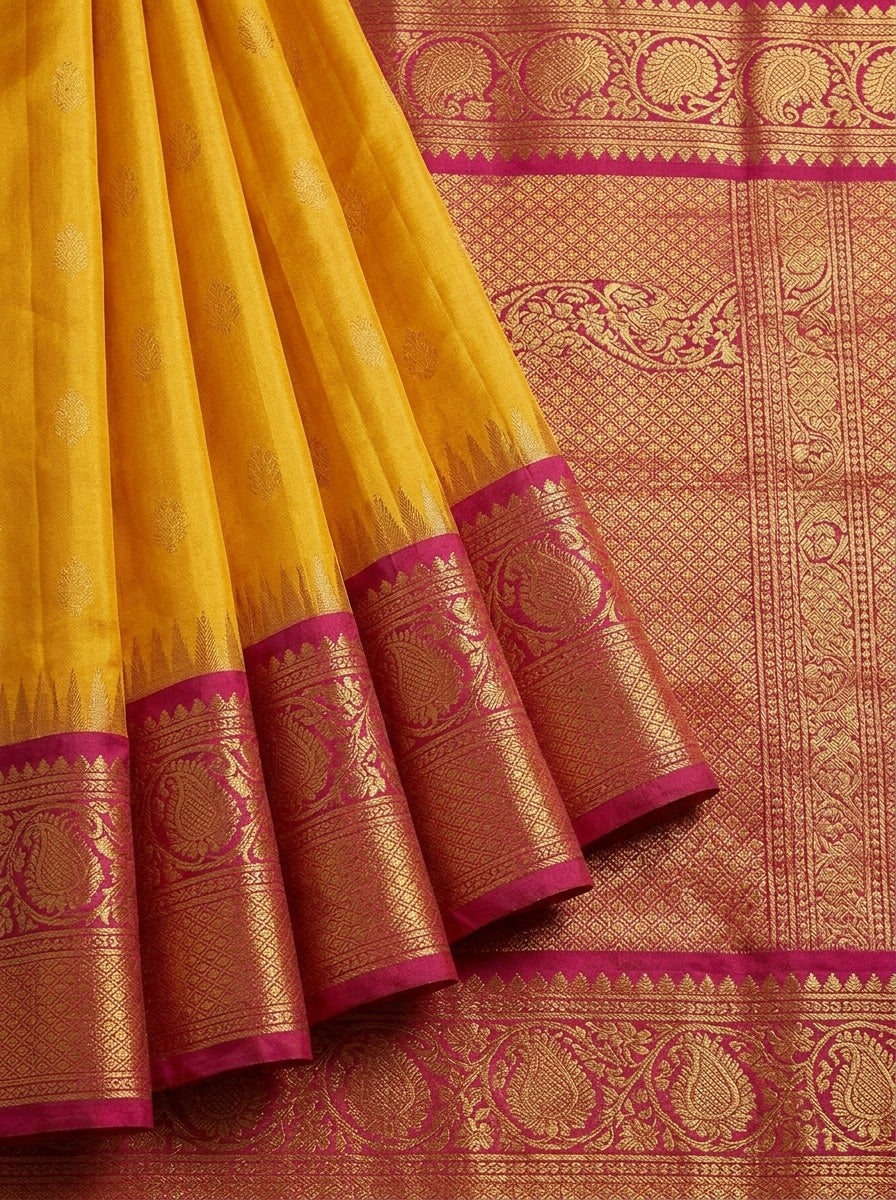 Sundari Kanjivaram Pattu Silk Saree in Mango Yellow & Rani Pink with Gold Zari
