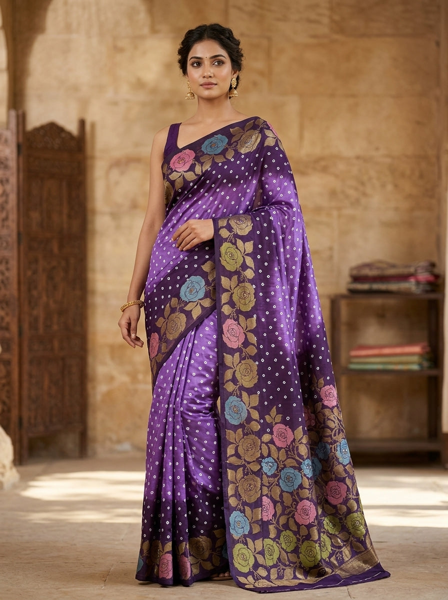 Royal Violet Floral Woven Saree with Elegant Border