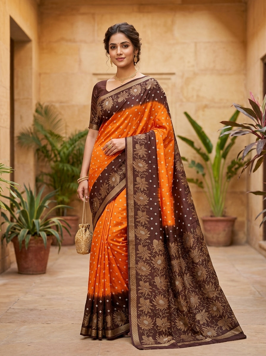 Rajwadi Bandhani Silk Saree in Saffron & Chocolate Brown