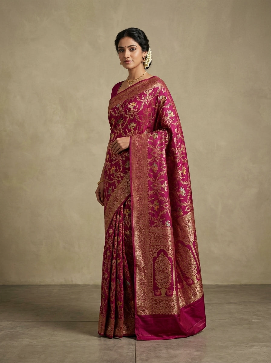 Maharani Banarasi Pattu Silk Saree in Magenta & Antique Gold with Meenakari Weave