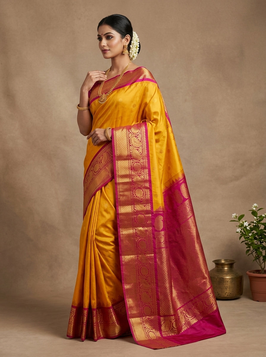 Sundari Kanjivaram Pattu Silk Saree in Mango Yellow & Rani Pink with Gold Zari