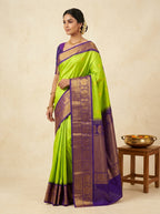 Vasantha Gadwal Pure Heavy Pattu in Parrot Green & Royal Purple with Antique Gold Zari