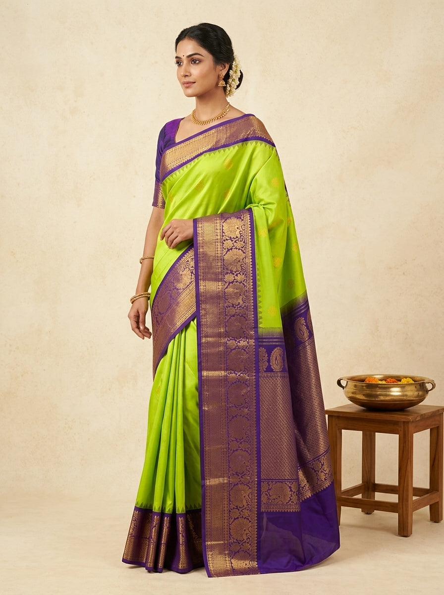 Vasantha Gadwal Pure Heavy Pattu in Parrot Green & Royal Purple with Antique Gold Zari