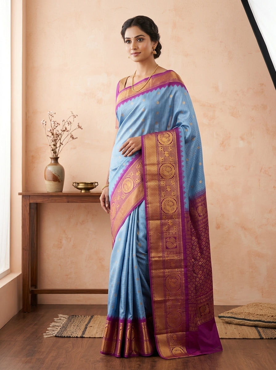 Akasha Gadwal Pure Heavy Pattu in Sky Blue Checks & Magenta Purple with Antique Gold Zari