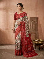 Navratna Ikat Patola Silk Saree in Ivory & Scarlet Red with Wildlife Narrative Weave