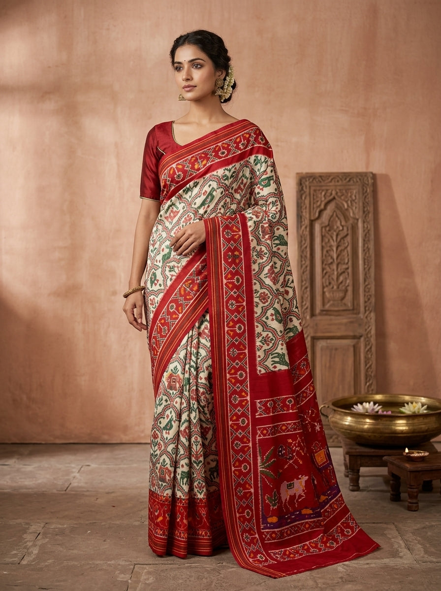Navratna Ikat Patola Silk Saree in Ivory & Scarlet Red with Wildlife Narrative Weave