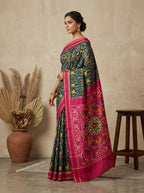 Mandala Garden Ikat Patola Silk Saree in Forest Green & Fuchsia Pink with Multicolour Wildlife Weave