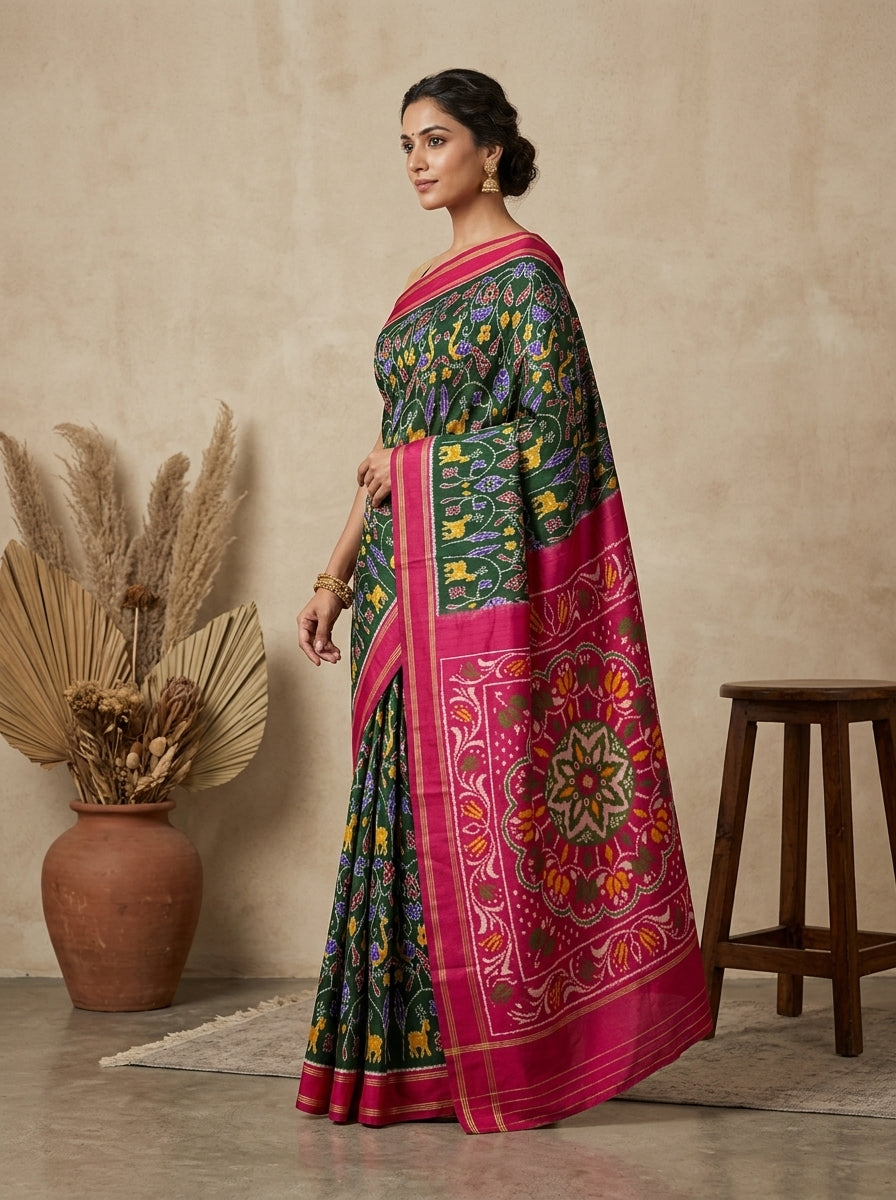Mandala Garden Ikat Patola Silk Saree in Forest Green & Fuchsia Pink with Multicolour Wildlife Weave
