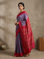 Nakshatram Ikat Patola Silk Saree in Royal Violet Star Jaal & Crimson Red with Multicolour Floral Pallu