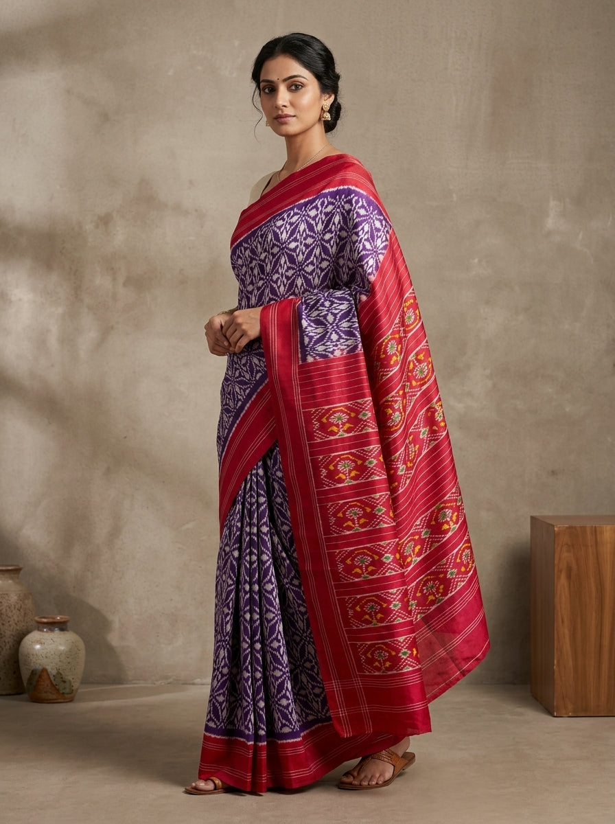 Nakshatram Ikat Patola Silk Saree in Royal Violet Star Jaal & Crimson Red with Multicolour Floral Pallu