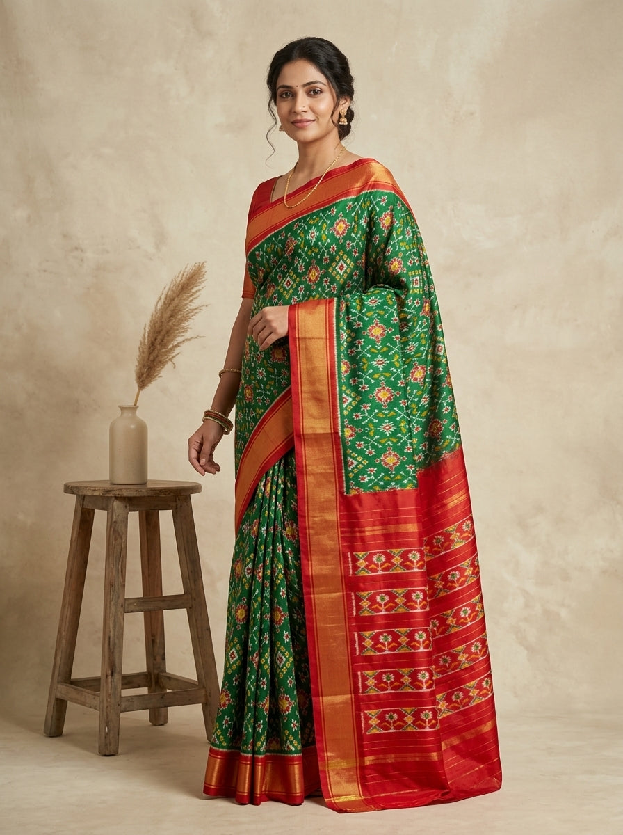 Emerald Green Ikkath Pattu Silk Saree with Vermillion Red Zari Border