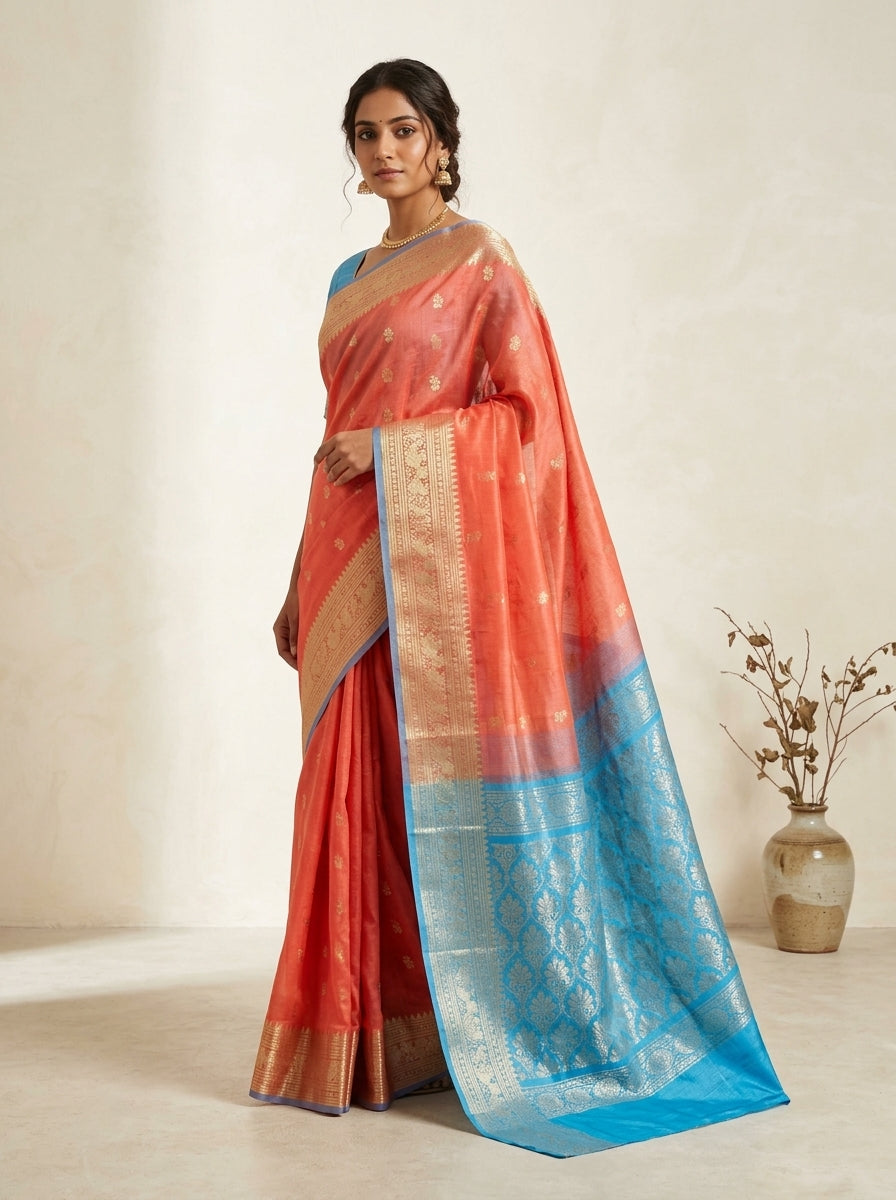 Mangalagiri Pattu Saree in Coral Pink & Sky Blue with Silver Zari Buttas & Rich Pallu