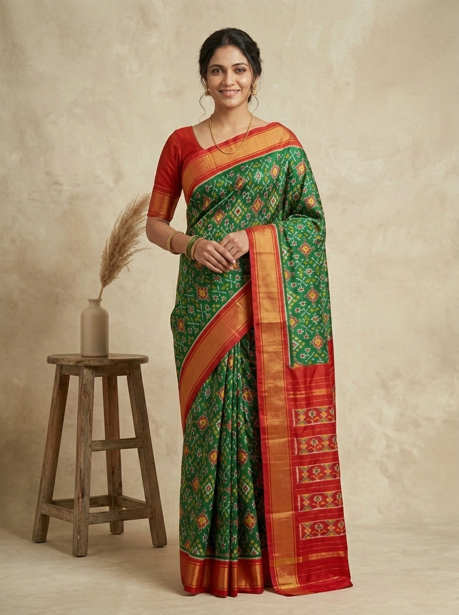 Emerald Green Ikkath Pattu Silk Saree with Vermillion Red Zari Border