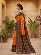 Rajwadi Bandhani Silk Saree in Saffron & Chocolate Brown