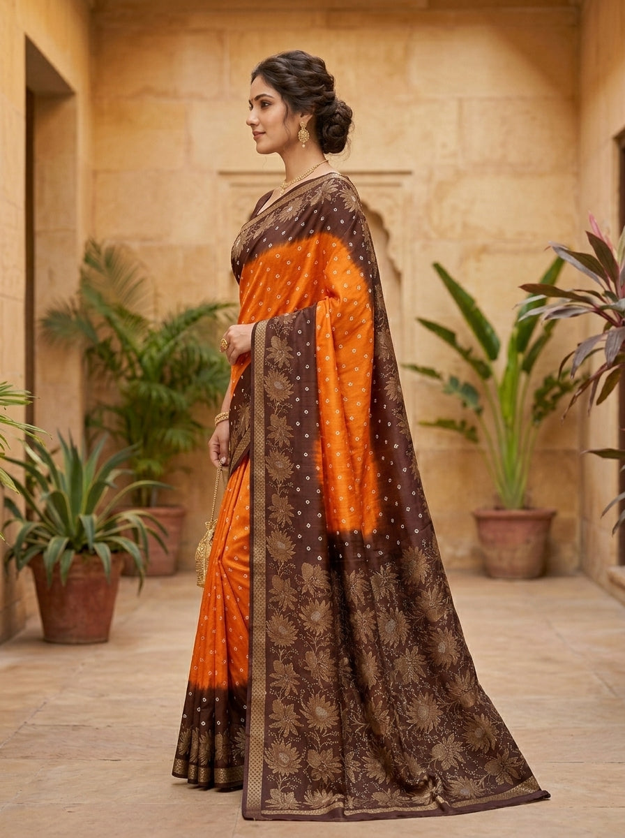 Rajwadi Bandhani Silk Saree in Saffron & Chocolate Brown