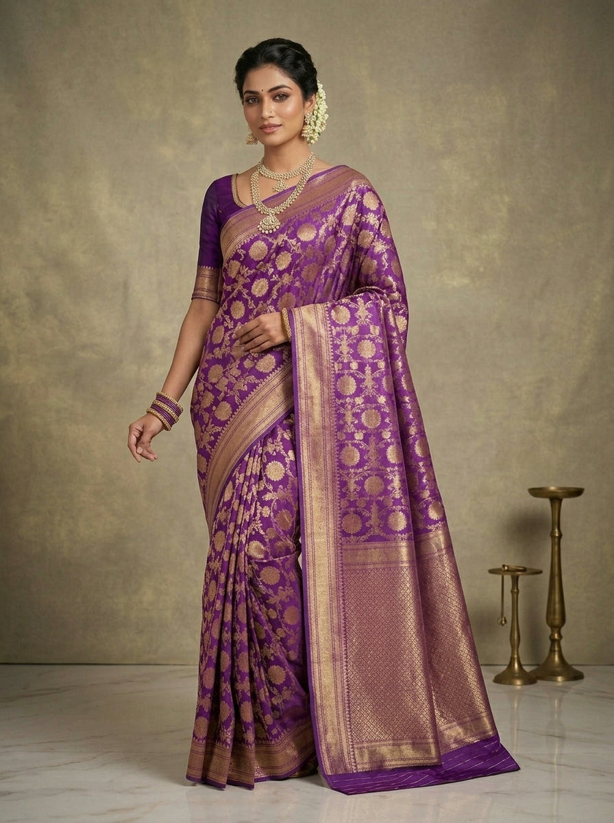 Regal Banarasi Pattu Silk Saree in Royal Violet & Antique Gold