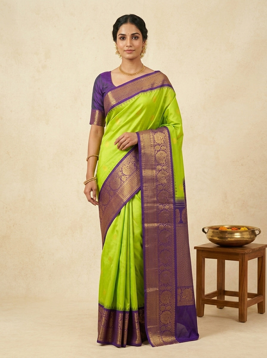 Vasantha Gadwal Pure Heavy Pattu in Parrot Green & Royal Purple with Antique Gold Zari