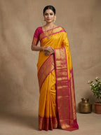 Sundari Kanjivaram Pattu Silk Saree in Mango Yellow & Rani Pink with Gold Zari