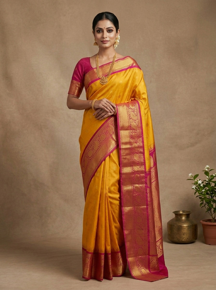 Sundari Kanjivaram Pattu Silk Saree in Mango Yellow & Rani Pink with Gold Zari