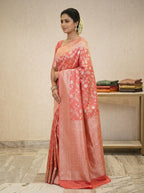 Blooming Banarasi Pattu Silk Saree in Blush Coral & Silver Zari