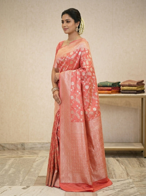 Blooming Banarasi Pattu Silk Saree in Blush Coral & Silver Zari