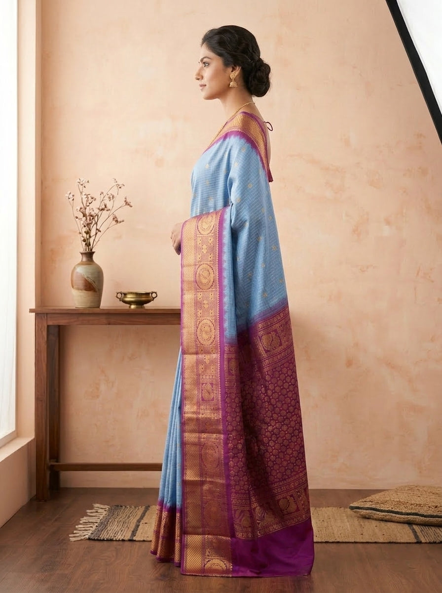 Akasha Gadwal Pure Heavy Pattu in Sky Blue Checks & Magenta Purple with Antique Gold Zari