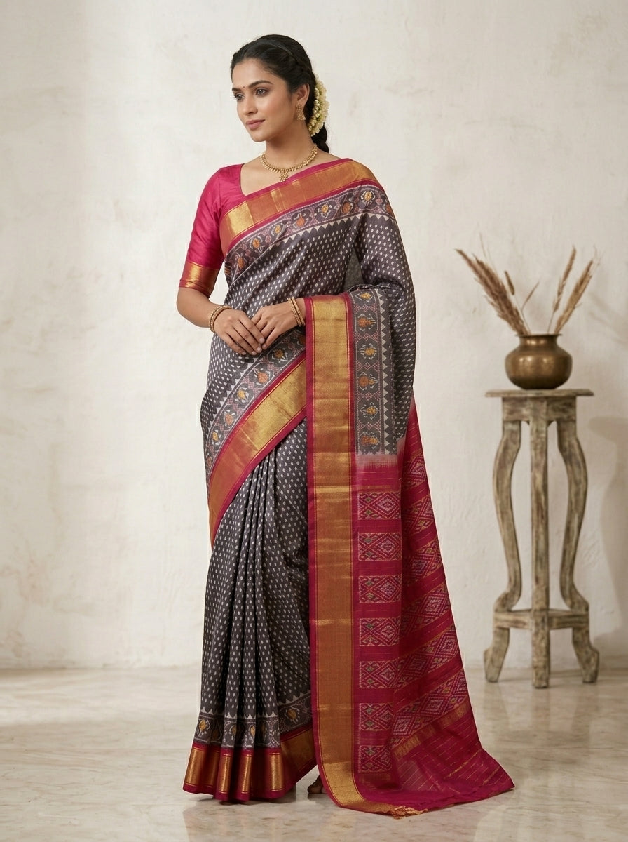 Charcoal Grey Ikkath Pattu Silk Saree with Rani Pink Zari Border