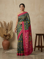 Mandala Garden Ikat Patola Silk Saree in Forest Green & Fuchsia Pink with Multicolour Wildlife Weave