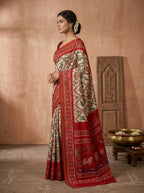 Navratna Ikat Patola Silk Saree in Ivory & Scarlet Red with Wildlife Narrative Weave