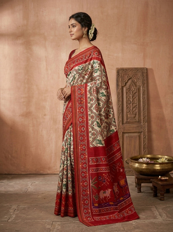 Navratna Ikat Patola Silk Saree in Ivory & Scarlet Red with Wildlife Narrative Weave
